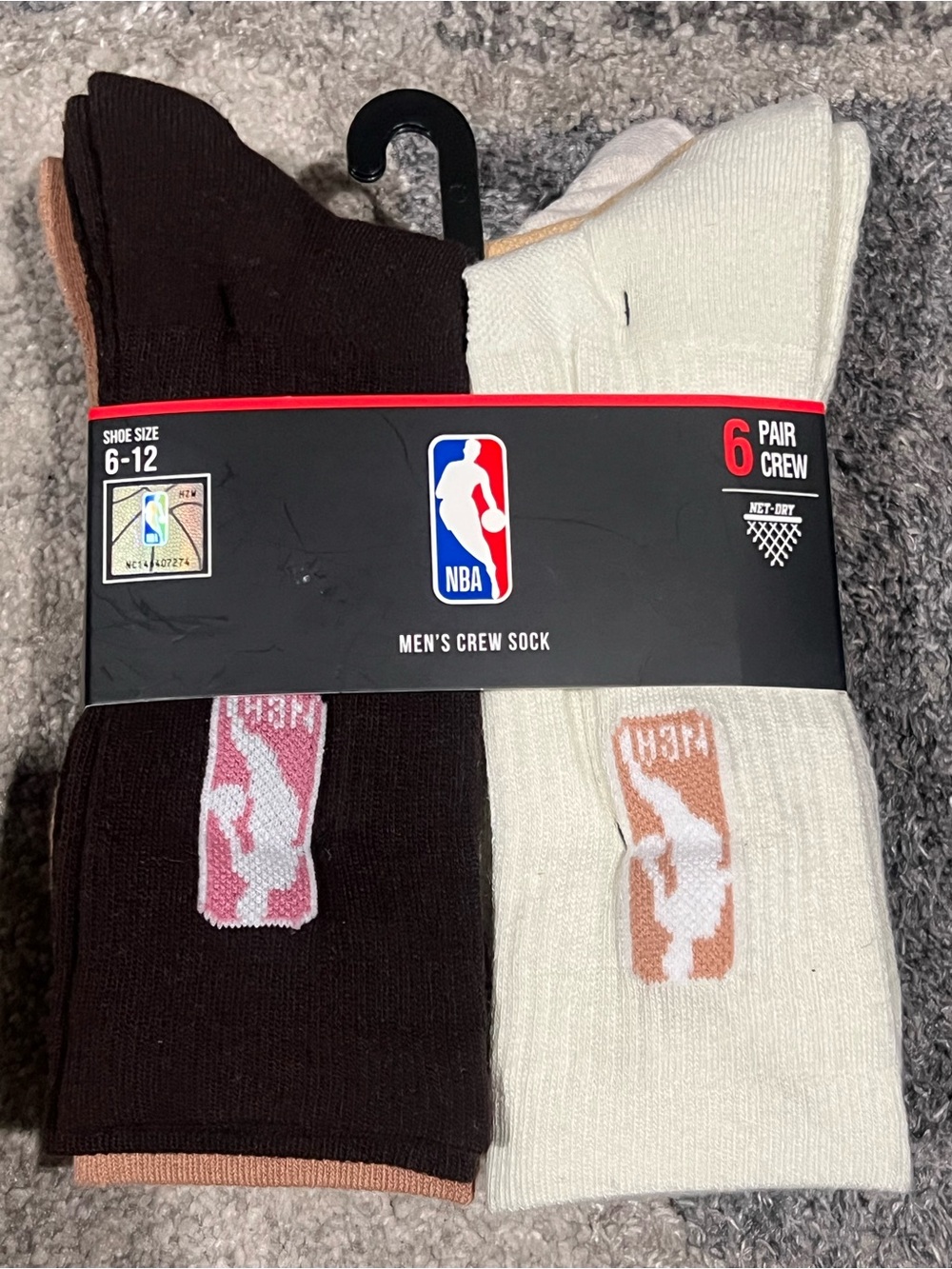 NBA Men's Crew Socks - Black, White, Tan Cream, Brown & Rose Accents 6-Pack